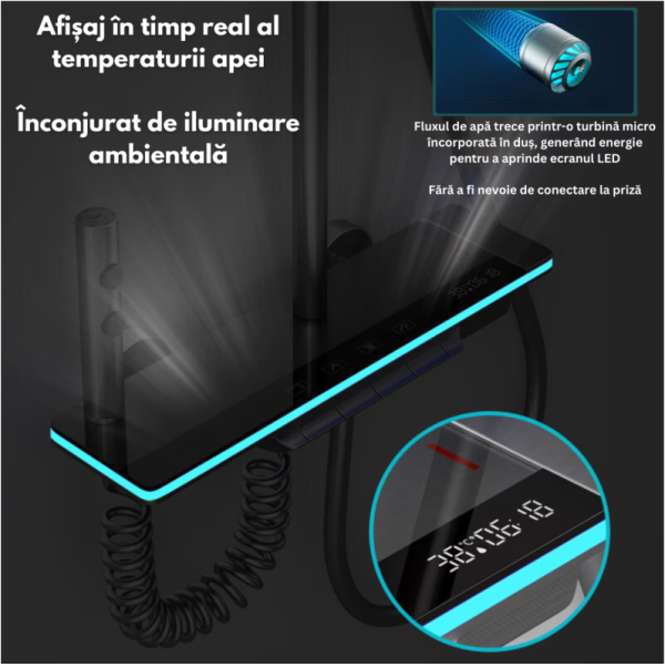 Set de dus cu Iluminare LED si afisaj Digital inteligent al Temperaturi, baterie cu termostat si turbina generatoare de curent integrata, Inaltime reglabila, 3 functii de curgere a apei, dus reglabil, bideu, Gri - imagine 5