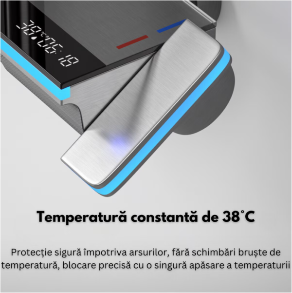 Set de dus cu Iluminare LED si afisaj Digital inteligent al Temperaturi, baterie cu termostat si turbina generatoare de curent integrata, Inaltime reglabila, 3 functii de curgere a apei, dus reglabil, bideu, Gri - imagine 6