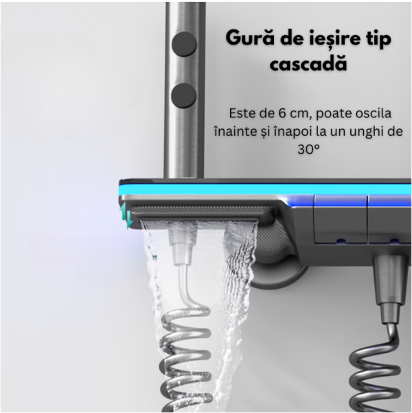 Set de dus cu Iluminare LED si afisaj Digital inteligent al Temperaturi, baterie cu termostat si turbina generatoare de curent integrata, Inaltime reglabila, 3 functii de curgere a apei, dus reglabil, bideu, Gri - imagine 7
