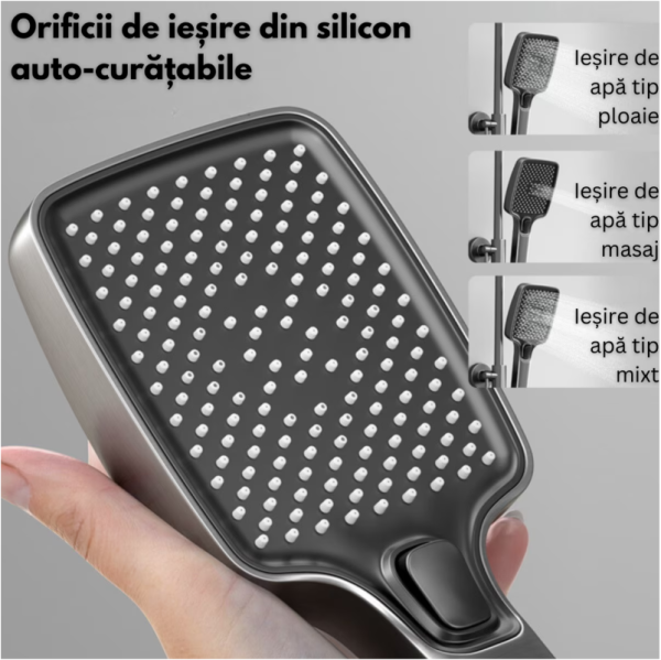 Set de dus cu Iluminare LED si afisaj Digital inteligent al Temperaturi, baterie cu termostat si turbina generatoare de curent integrata, Inaltime reglabila, 3 functii de curgere a apei, dus reglabil, bideu, Gri - imagine 9