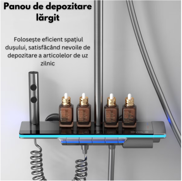 Set de dus cu Iluminare LED si afisaj Digital inteligent al Temperaturi, baterie cu termostat si turbina generatoare de curent integrata, Inaltime reglabila, 3 functii de curgere a apei, dus reglabil, bideu, Gri - imagine 10