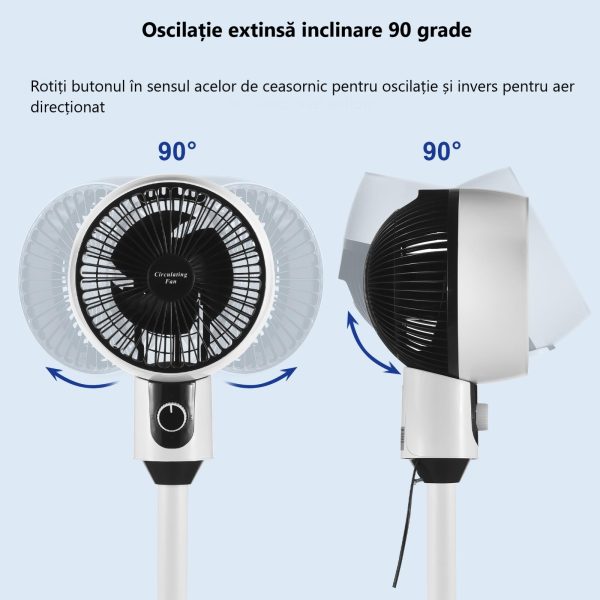 Ventilator cu picior, 3 trepte de viteza, 40W, cu circulatie a aerului, oscilatie 60°, inclinare 90°, silentios - imagine 3