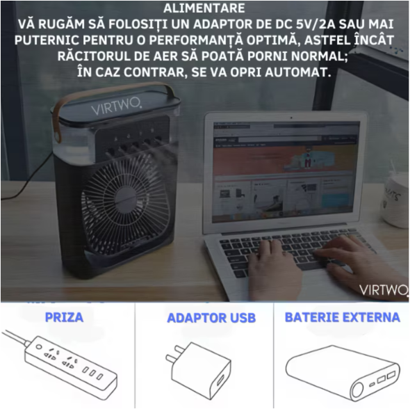 Ventilator Portabil 3în1 cu Umidificator pentru Birou – 3 Viteze, 5 Duze Spray, Lumină RGB, Temporizator, Aromaterapie - imagine 8
