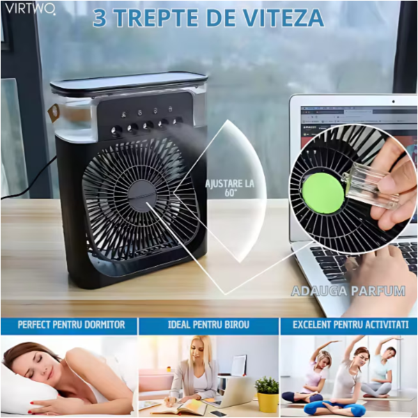 Ventilator Portabil 3în1 cu Umidificator pentru Birou – 3 Viteze, 5 Duze Spray, Lumină RGB, Temporizator, Aromaterapie - imagine 4