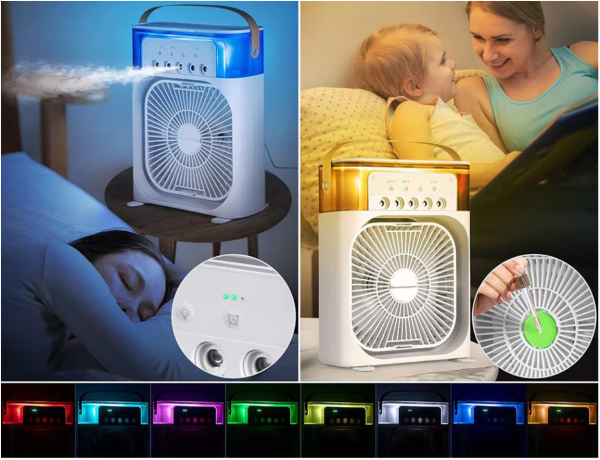 Ventilator Portabil 3în1 cu Umidificator pentru Birou – 3 Viteze, 5 Duze Spray, Lumină RGB, Temporizator, Aromaterapie - imagine 7