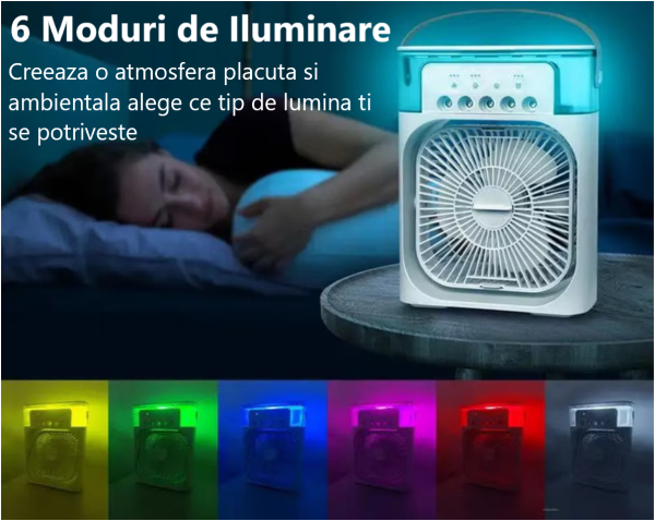 Ventilator Portabil 3în1 cu Umidificator pentru Birou – 3 Viteze, 5 Duze Spray, Lumină RGB, Temporizator, Aromaterapie - imagine 5