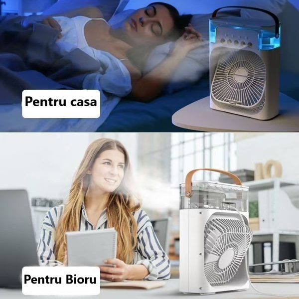 Ventilator Portabil 3în1 cu Umidificator pentru Birou – 3 Viteze, 5 Duze Spray, Lumină RGB, Temporizator, Aromaterapie - imagine 3
