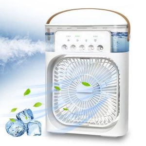 Ventilator Portabil 3în1 cu Umidificator pentru Birou – 3 Viteze, 5 Duze Spray, Lumină RGB, Temporizator, Aromaterapie
