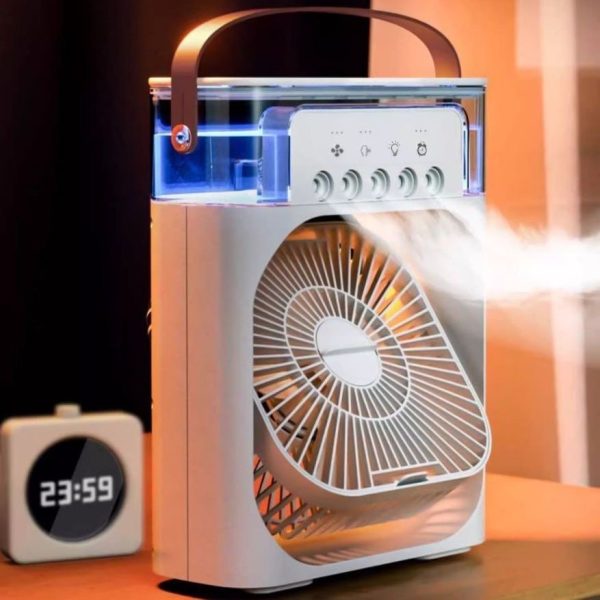 Ventilator Portabil 3în1 cu Umidificator pentru Birou – 3 Viteze, 5 Duze Spray, Lumină RGB, Temporizator, Aromaterapie - imagine 12