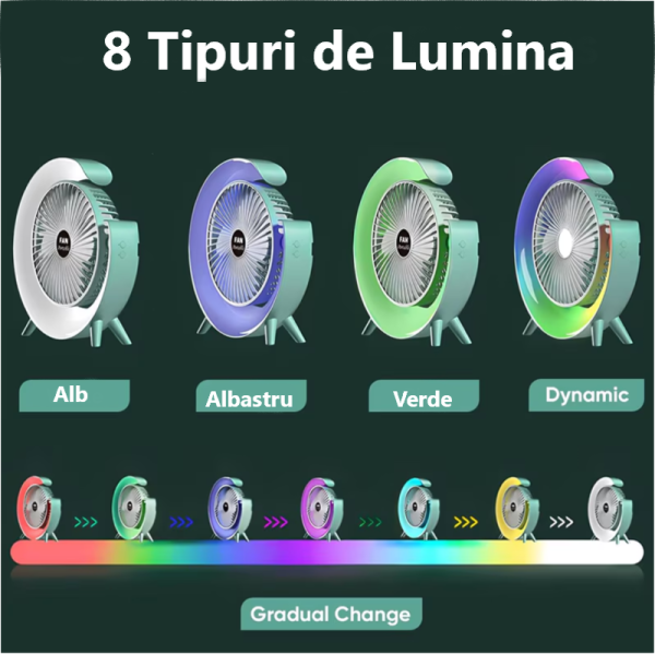 Ventilator Portabil pentru Birou – 3 Viteze, Acumulator 1800mAh, Iluminat RGB, Reglare unghi 180°, USB Reîncărcabil, Silențios și Compact - imagine 4