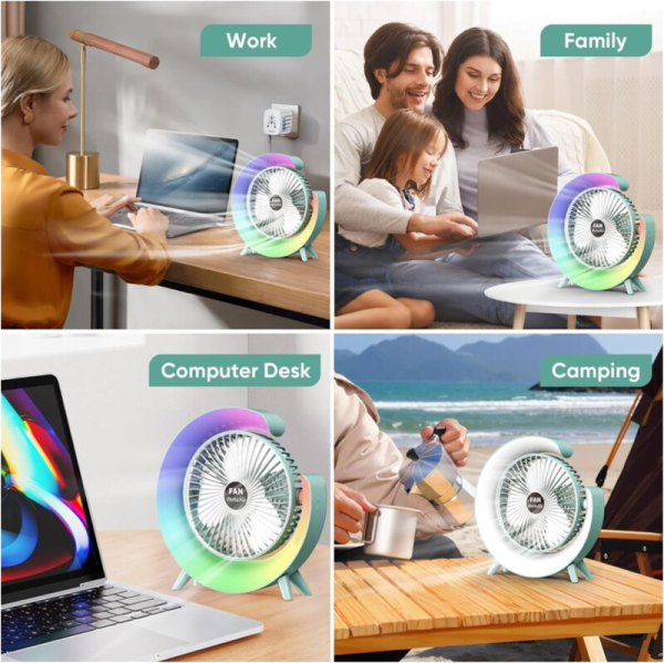 Ventilator Portabil pentru Birou – 3 Viteze, Acumulator 1800mAh, Iluminat RGB, Reglare unghi 180°, USB Reîncărcabil, Silențios și Compact - imagine 6