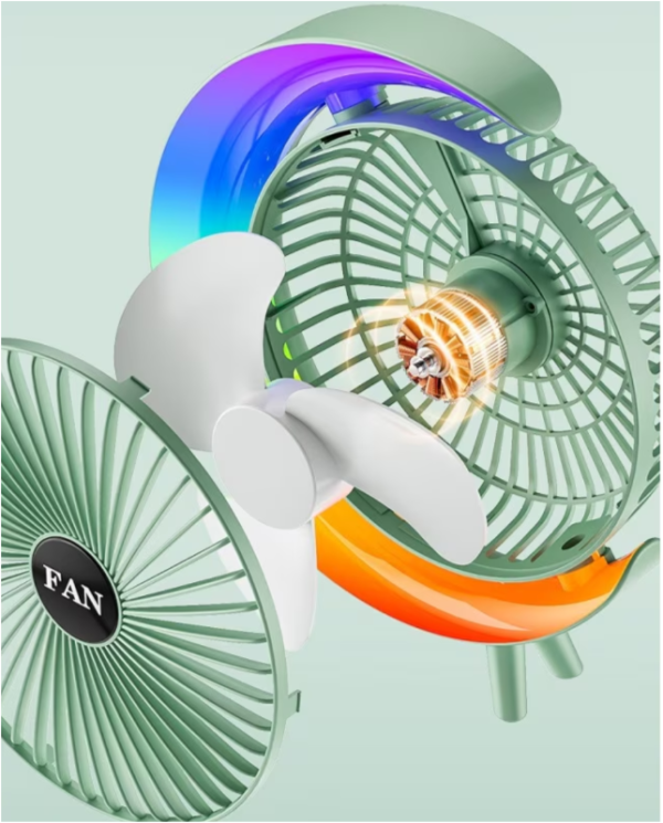 Ventilator Portabil pentru Birou – 3 Viteze, Acumulator 1800mAh, Iluminat RGB, Reglare unghi 180°, USB Reîncărcabil, Silențios și Compact - imagine 8