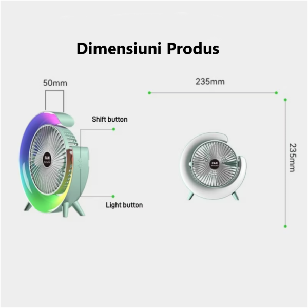 Ventilator Portabil pentru Birou – 3 Viteze, Acumulator 1800mAh, Iluminat RGB, Reglare unghi 180°, USB Reîncărcabil, Silențios și Compact - imagine 13