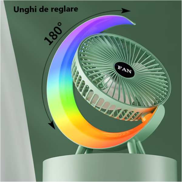 Ventilator Portabil pentru Birou – 3 Viteze, Acumulator 1800mAh, Iluminat RGB, Reglare unghi 180°, USB Reîncărcabil, Silențios și Compact - imagine 5
