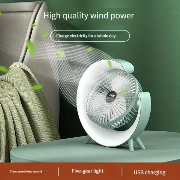 Ventilator Portabil pentru Birou – 3 Viteze, Acumulator 1800mAh, Iluminat RGB, Reglare unghi 180°, USB Reîncărcabil, Silențios și Compact - imagine 7