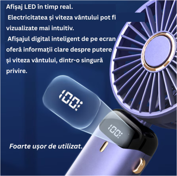 Ventilator Ultra Portabil, 3 in 1, Orientare ajustabila, 5 Trepte de Viteza, acumulator, de Mana, Birou, Pliabil, Ecran LCD, Albastru - imagine 3