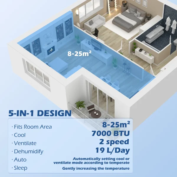 Aparat de aer Condiționat Portabil United Star, 7000 BTU, Răcire, Încălzire, Dezumidificare, Clasa A, R290, Cu Telecomandă - imagine 7