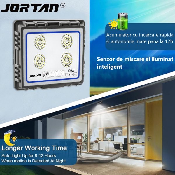 Proiector Solar LED Jortan 100W din Aluminiu cu Telecomandă, Senzor de Mișcare și Lumină, Exterior ,Rezistent, Iluminare Inteligentă - imagine 3