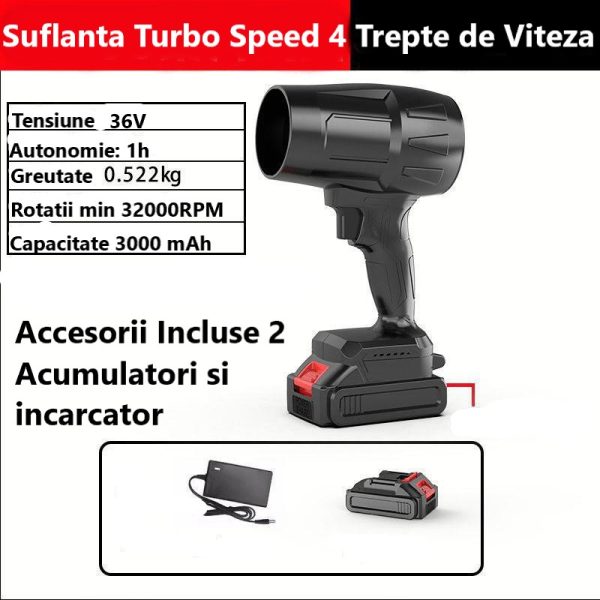 Suflantă de Aer Portabilă 36V, cu 2 Acumulatori 3000mAh, 4 Viteze, 32.000 RPM, Pentru Frunze, Praful din Curte, Grătar sau Zăpadă Ușoară - imagine 4