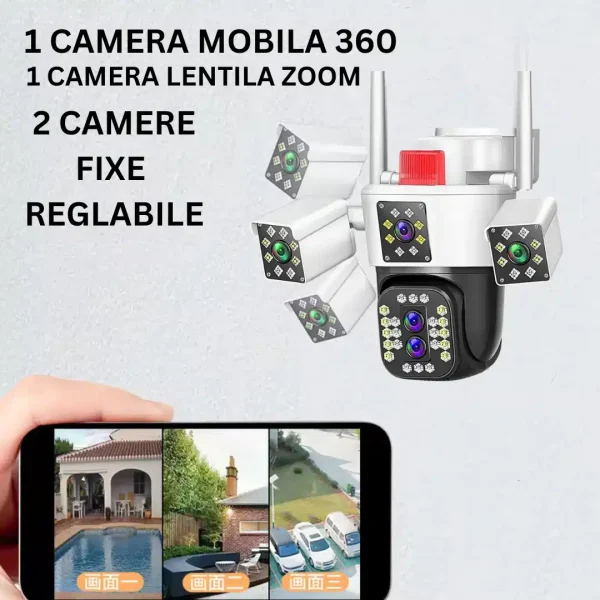 Camera de supraveghere Tripa cu 4 Lentile WIFI Ultra HD 12MP 6K, 2 Camere fixe reglabile si una mobila, rotire din aplicatie 360 grade, Vedere color noaptea, audio bidirectional, Detectare umana, Procesor AI, Rezistenta IP66, Acoperire Panoramică - imagine 4
