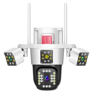 Camera de supraveghere Tripa cu 4 Lentile WIFI Ultra HD 12MP 6K, 2 Camere fixe reglabile si una mobila, rotire din aplicatie 360 grade, Vedere color noaptea, audio bidirectional, Detectare umana, Procesor AI, Rezistenta IP66, Acoperire Panoramică