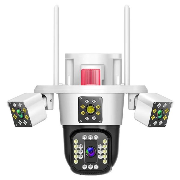 Camera de supraveghere Tripa cu 4 Lentile WIFI Ultra HD 12MP 6K, 2 Camere fixe reglabile si una mobila, rotire din aplicatie 360 grade, Vedere color noaptea, audio bidirectional, Detectare umana, Procesor AI, Rezistenta IP66, Acoperire Panoramică