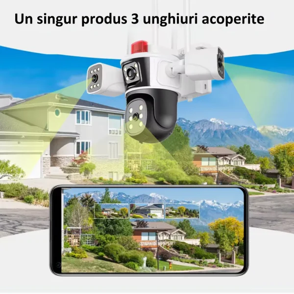 Camera de supraveghere Tripa cu 4 Lentile WIFI Ultra HD 12MP 6K, 2 Camere fixe reglabile si una mobila, rotire din aplicatie 360 grade, Vedere color noaptea, audio bidirectional, Detectare umana, Procesor AI, Rezistenta IP66, Acoperire Panoramică - imagine 9