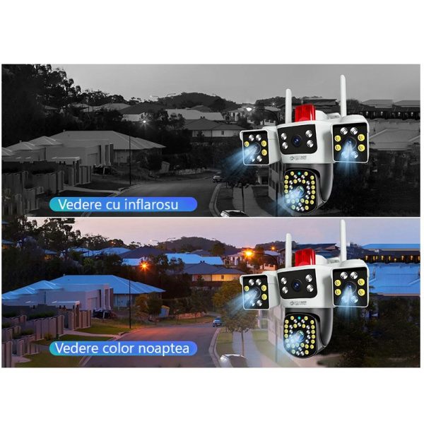 Camera de supraveghere Tripa cu 4 Lentile WIFI Ultra HD 12MP 6K, 2 Camere fixe reglabile si una mobila, rotire din aplicatie 360 grade, Vedere color noaptea, audio bidirectional, Detectare umana, Procesor AI, Rezistenta IP66, Acoperire Panoramică - imagine 3