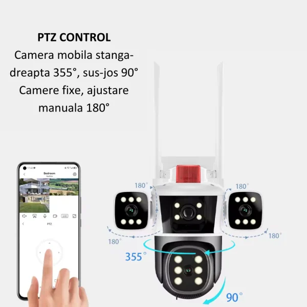 Camera de supraveghere Tripa cu 4 Lentile WIFI Ultra HD 12MP 6K, 2 Camere fixe reglabile si una mobila, rotire din aplicatie 360 grade, Vedere color noaptea, audio bidirectional, Detectare umana, Procesor AI, Rezistenta IP66, Acoperire Panoramică - imagine 10