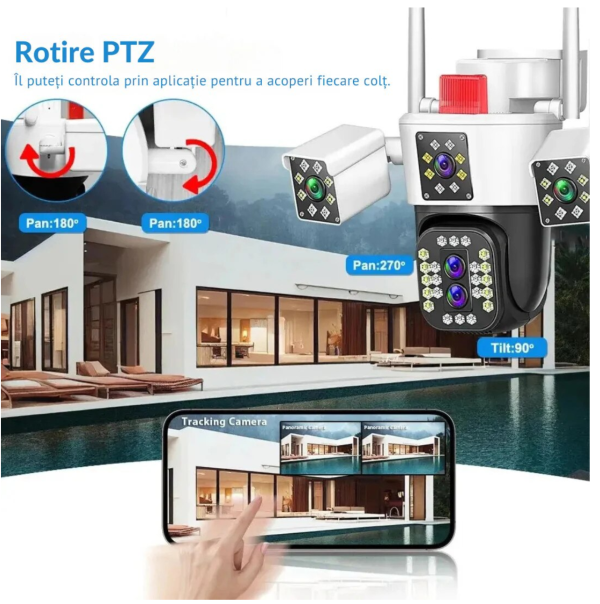 Camera de supraveghere Tripa cu 4 Lentile WIFI Ultra HD 12MP 6K, 2 Camere fixe reglabile si una mobila, rotire din aplicatie 360 grade, Vedere color noaptea, audio bidirectional, Detectare umana, Procesor AI, Rezistenta IP66, Acoperire Panoramică - imagine 5