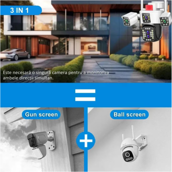Camera de supraveghere Tripa cu 4 Lentile WIFI Ultra HD 12MP 6K, 2 Camere fixe reglabile si una mobila, rotire din aplicatie 360 grade, Vedere color noaptea, audio bidirectional, Detectare umana, Procesor AI, Rezistenta IP66, Acoperire Panoramică - imagine 6