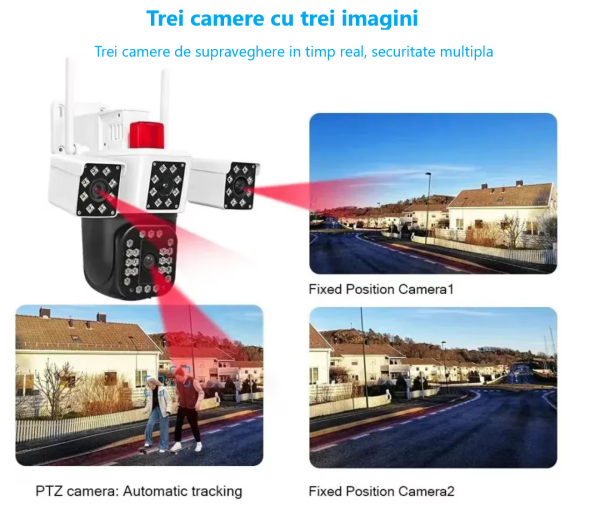 Camera de supraveghere Tripa cu 4 Lentile WIFI Ultra HD 12MP 6K, 2 Camere fixe reglabile si una mobila, rotire din aplicatie 360 grade, Vedere color noaptea, audio bidirectional, Detectare umana, Procesor AI, Rezistenta IP66, Acoperire Panoramică - imagine 2