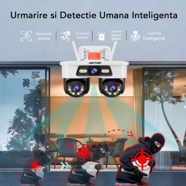 Cameră Supraveghere WiFi Jortan Ultra HD 9 MP 6K, 3 Lentile, Cap Dublu PTZ 355° cu Acoperire Panoramică, Viziune Color Noaptea, Audio Bidirecțional, Rezistenta IP66 - imagine 3
