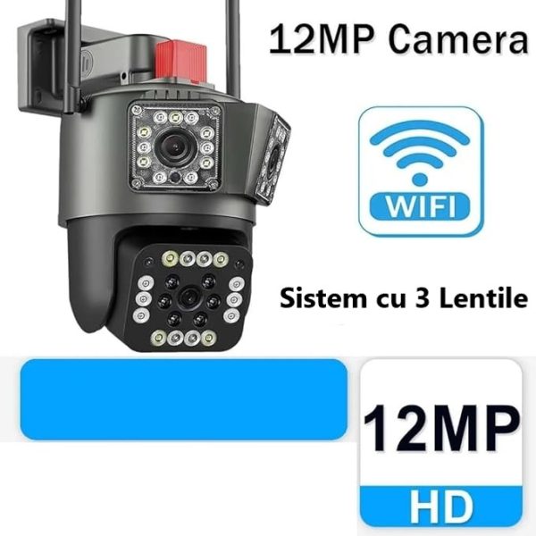 Cameră Supraveghere WiFi Ultra HD 12MP 6K, 3 Lentile, PTZ 355° cu Acoperire Panoramică, Viziune Color Noaptea, Audio Bidirecțional, Rezistenta IP66 - imagine 5