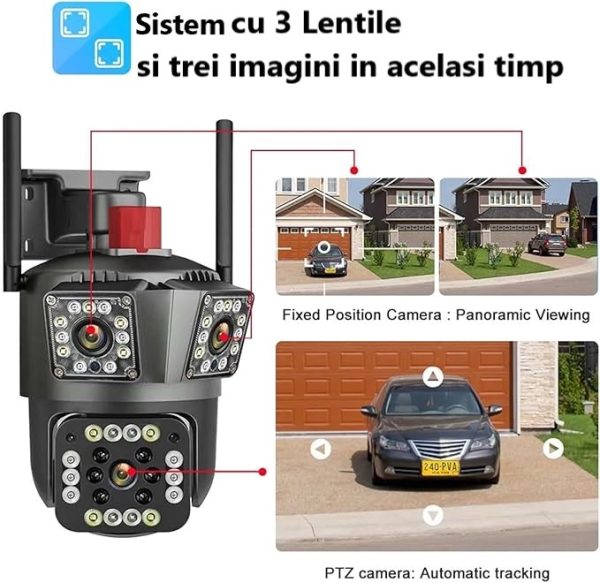Cameră Supraveghere WiFi Ultra HD 12MP 6K, 3 Lentile, PTZ 355° cu Acoperire Panoramică, Viziune Color Noaptea, Audio Bidirecțional, Rezistenta IP66 - imagine 2