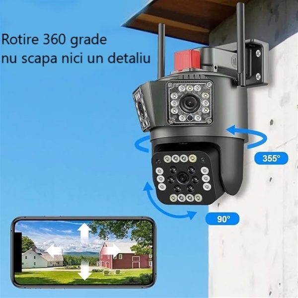 Cameră Supraveghere WiFi Ultra HD 12MP 6K, 3 Lentile, PTZ 355° cu Acoperire Panoramică, Viziune Color Noaptea, Audio Bidirecțional, Rezistenta IP66 - imagine 3