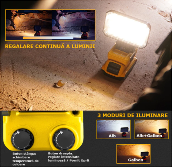 Lampă de Lucru LED Profesională Acumulator 18V, Reglabilă 3500 mAh, 80W, 3800 Lumeni, Lumină Caldă si Rece, Port USB Încărcător Telefon Type-C - imagine 2