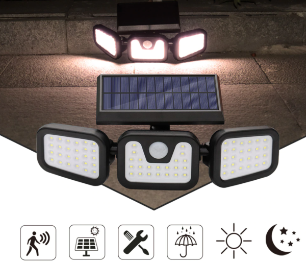 Lampa solara cu 3 capete LED, Panouri rotative 80W, 300Lm, senzor de lumina senzor de miscare, Rezistenta la apa IP65 - imagine 2