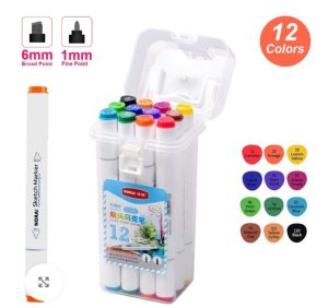 Set 12 carioci profesionale, Markere multicolore, Cu cerneala pe baza de alcool, Cap dublu