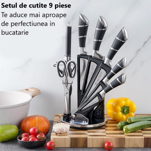 Set Cutite Profesionale 9 Piese din Otel Inoxidabil, Suport Elegant, Manere Ergonomice, Negru, Calitate Premium pentru Bucatarie - imagine 2