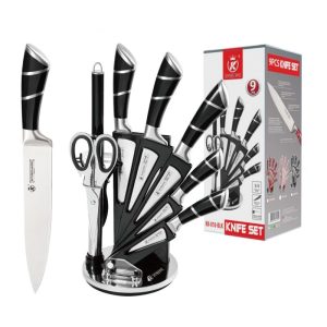 Set Cutite Profesionale 9 Piese din Otel Inoxidabil, Suport Elegant, Manere Ergonomice, Negru, Calitate Premium pentru Bucatarie