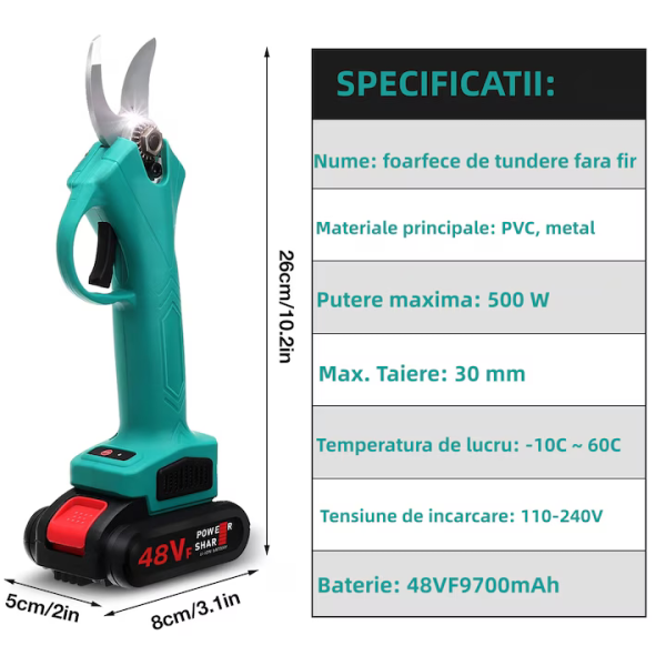 Foarfecă electrică profesională cu 2 acumulatori 36V, 5000 mAh, lame din oțel pentru vie, pomi și crengi groase - imagine 7