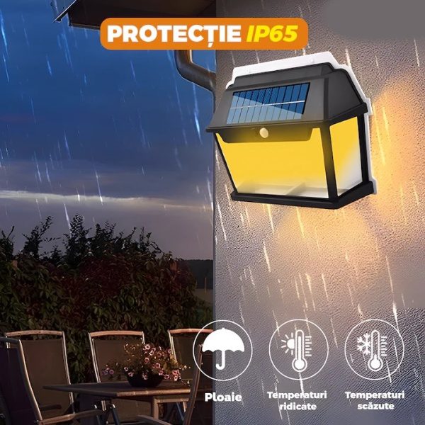 Lampă Solară LED de Perete Tip Felinar Retro 3 Becuri, Iluminat Exterior cu Senzor de Mișcare 8m, 3 Moduri Inteligente de lumina, IP65, Fără Fir, Ideală pentru Curte și Grădină - imagine 5