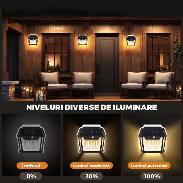 Lampă Solară LED de Perete Tip Felinar Retro 3 Becuri, Iluminat Exterior cu Senzor de Mișcare 8m, 3 Moduri Inteligente de lumina, IP65, Fără Fir, Ideală pentru Curte și Grădină - imagine 4