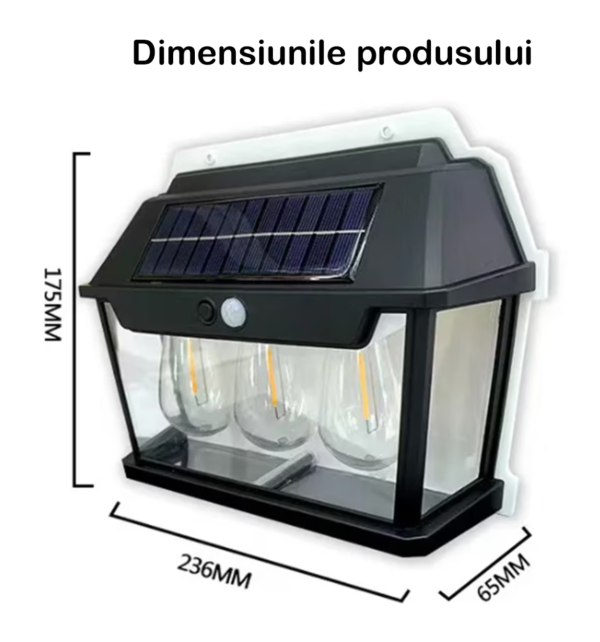 Lampă Solară LED de Perete Tip Felinar Retro 3 Becuri, Iluminat Exterior cu Senzor de Mișcare 8m, 3 Moduri Inteligente de lumina, IP65, Fără Fir, Ideală pentru Curte și Grădină - imagine 6