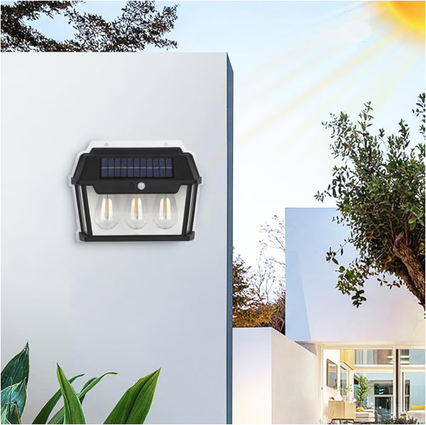 Lampă Solară LED de Perete Tip Felinar Retro 3 Becuri, Iluminat Exterior cu Senzor de Mișcare 8m, 3 Moduri Inteligente de lumina, IP65, Fără Fir, Ideală pentru Curte și Grădină - imagine 7