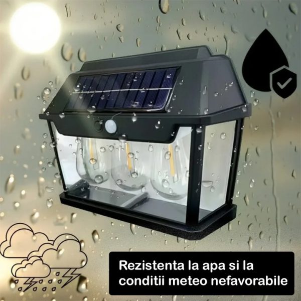 Lampă Solară LED de Perete Tip Felinar Retro 3 Becuri, Iluminat Exterior cu Senzor de Mișcare 8m, 3 Moduri Inteligente de lumina, IP65, Fără Fir, Ideală pentru Curte și Grădină - imagine 8