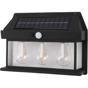 Lampă Solară LED de Perete Tip Felinar Retro 3 Becuri, Iluminat Exterior cu Senzor de Mișcare 8m, 3 Moduri Inteligente de lumina, IP65, Fără Fir, Ideală pentru Curte și Grădină