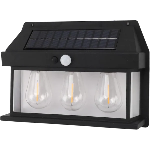 Lampă Solară LED de Perete Tip Felinar Retro 3 Becuri, Iluminat Exterior cu Senzor de Mișcare 8m, 3 Moduri Inteligente de lumina, IP65, Fără Fir, Ideală pentru Curte și Grădină