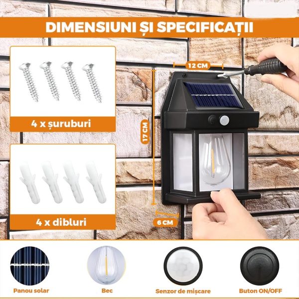 Lampă Solară LED de Perete Tip Felinar Iluminat Exterior cu Senzor de Mișcare 8m, 3 Moduri Inteligente de lumina, Rezistență IP65, Fără Fir, Ideală pentru Curte și Grădină - imagine 6